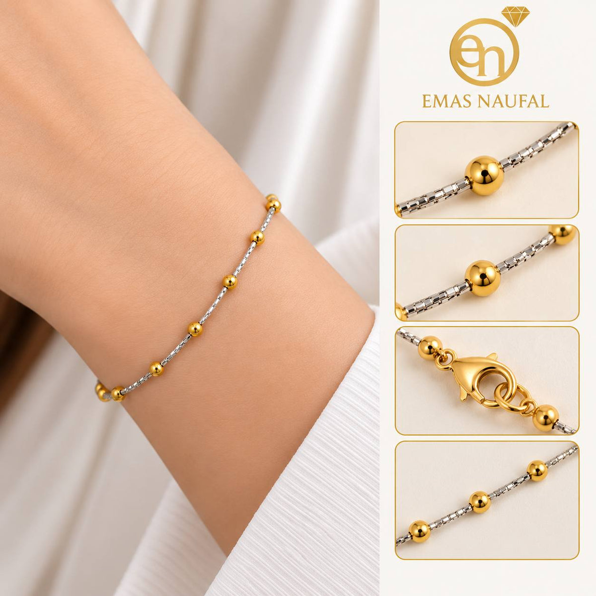 Rantai tangan biji sawi dwi warna chrome gold